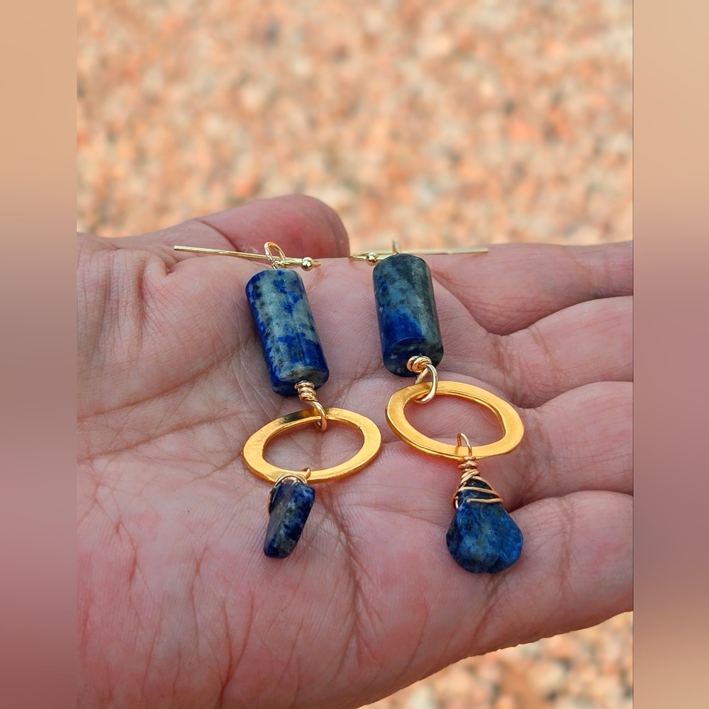 Ancient Sumerian Inspired Natural Lapis Lazuli In Hammered Gold Plated Earrings - Picture 6 of 10